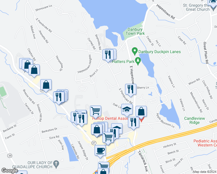 map of restaurants, bars, coffee shops, grocery stores, and more near 5B Oak Lane in Danbury