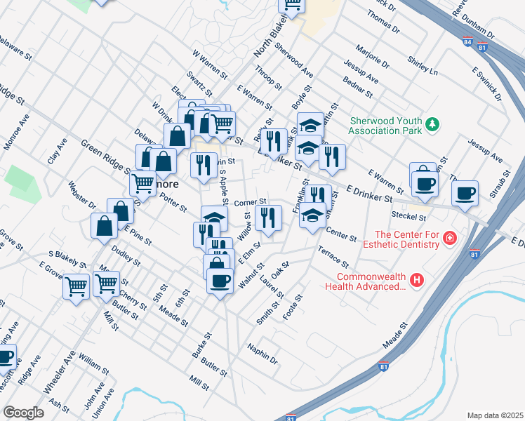 map of restaurants, bars, coffee shops, grocery stores, and more near 417 Mortimer Street in Scranton