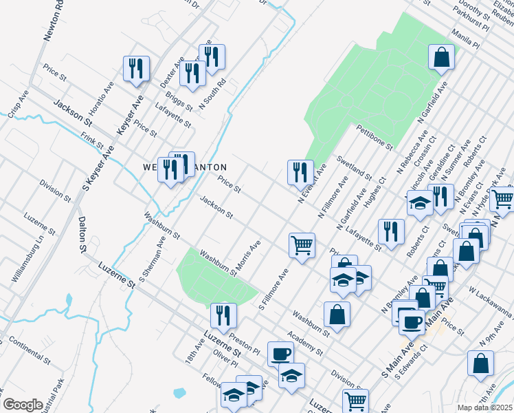 map of restaurants, bars, coffee shops, grocery stores, and more near 116 North Van Buren Avenue in Scranton