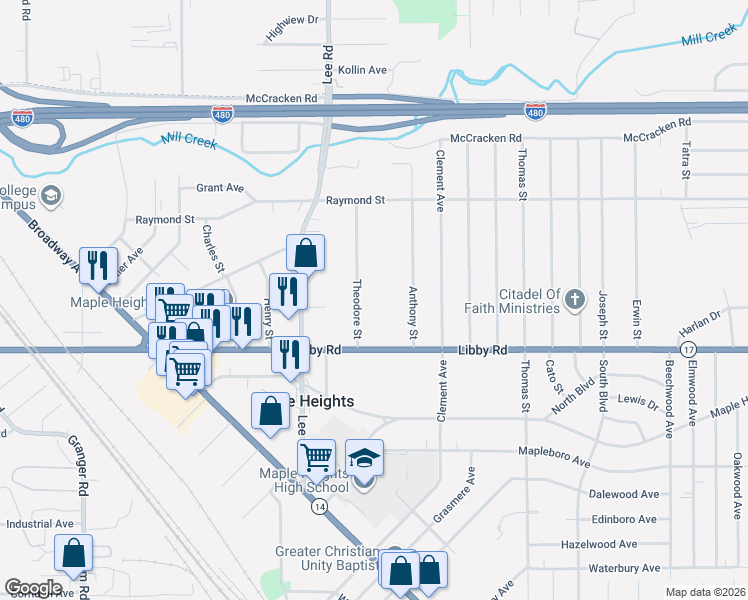 map of restaurants, bars, coffee shops, grocery stores, and more near 16831 Libby Road in Maple Heights