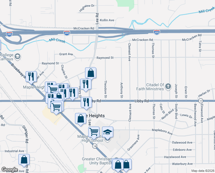 map of restaurants, bars, coffee shops, grocery stores, and more near 5244 Theodore Street in Maple Heights