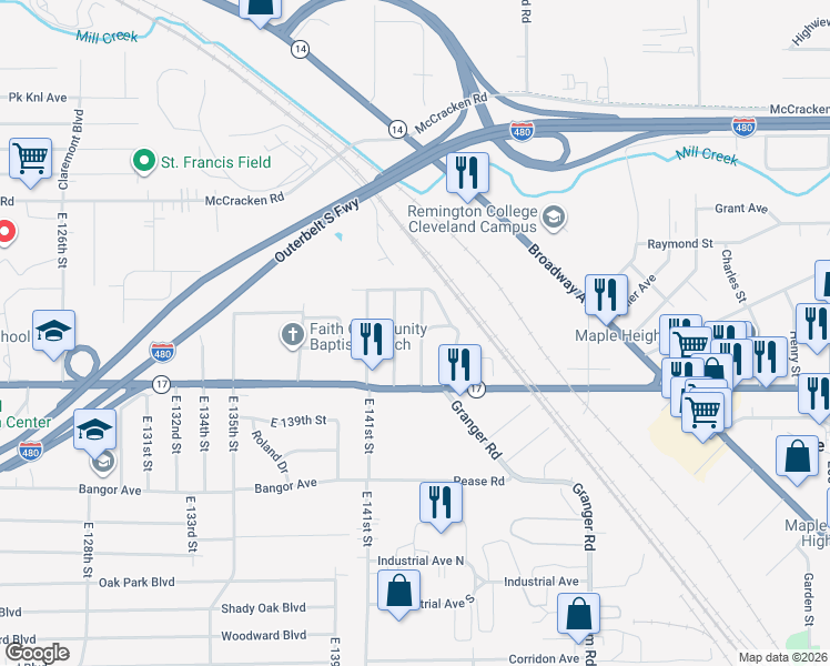 map of restaurants, bars, coffee shops, grocery stores, and more near 5254 Beech Avenue in Maple Heights