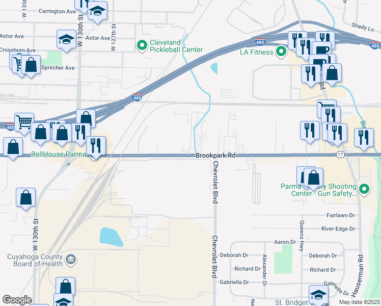 map of restaurants, bars, coffee shops, grocery stores, and more near 11877-12699 Brookpark Rd in Parma