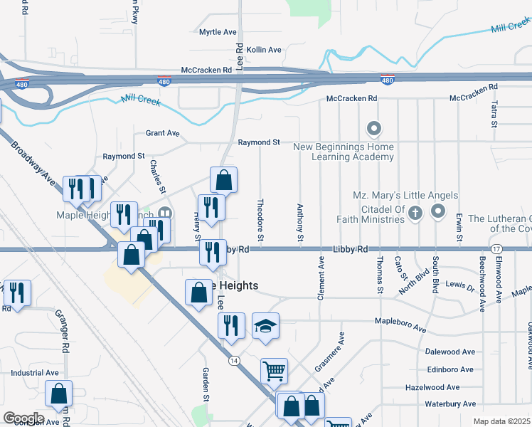 map of restaurants, bars, coffee shops, grocery stores, and more near 5225 Theodore Street in Maple Heights