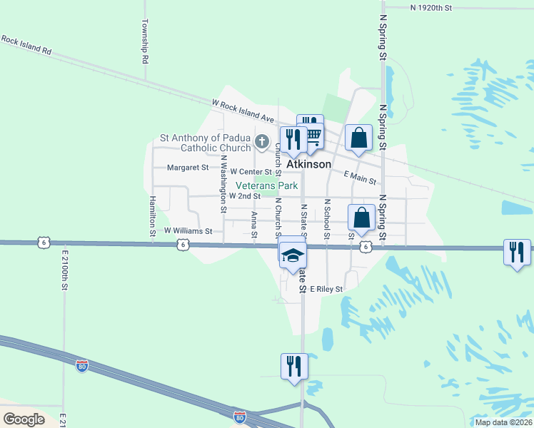 map of restaurants, bars, coffee shops, grocery stores, and more near 101-199 Anna Street in Atkinson