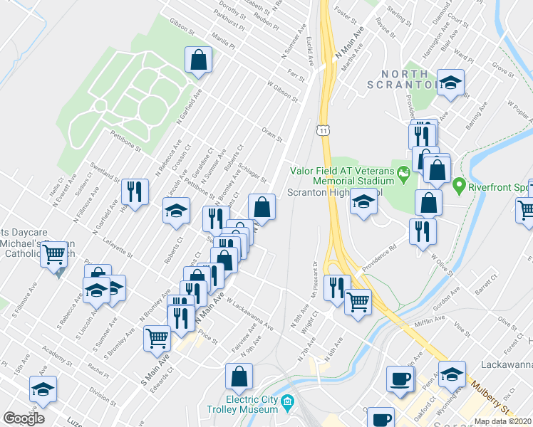 map of restaurants, bars, coffee shops, grocery stores, and more near 622 North Main Avenue in Scranton
