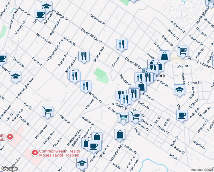 map of restaurants, bars, coffee shops, grocery stores, and more near 1312 Clay Avenue in Dunmore