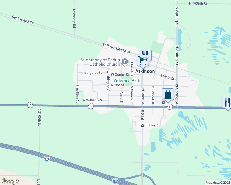 map of restaurants, bars, coffee shops, grocery stores, and more near 309 West Williams Street in Atkinson