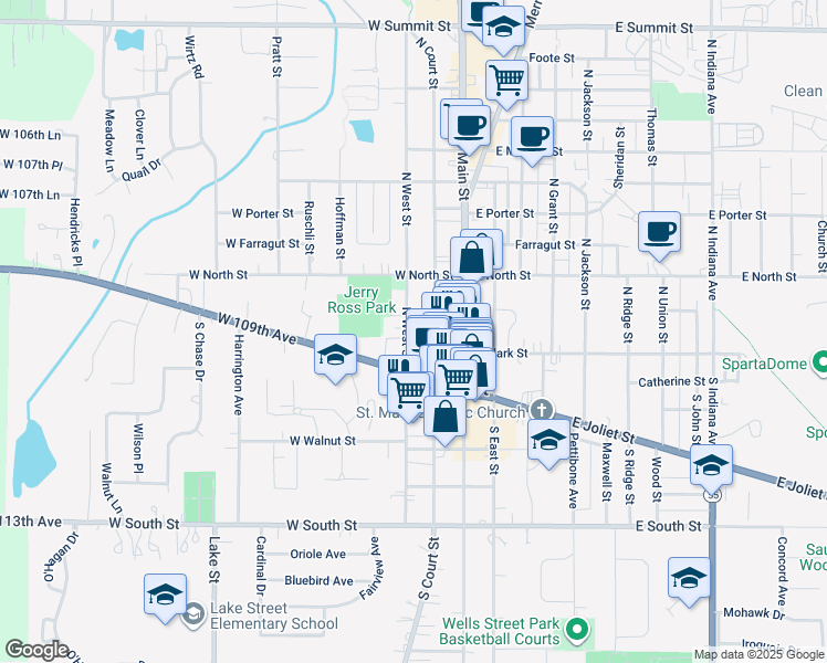 map of restaurants, bars, coffee shops, grocery stores, and more near 17 North Court Street in Crown Point