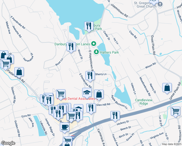 map of restaurants, bars, coffee shops, grocery stores, and more near 16 East Hayestown Road in Danbury
