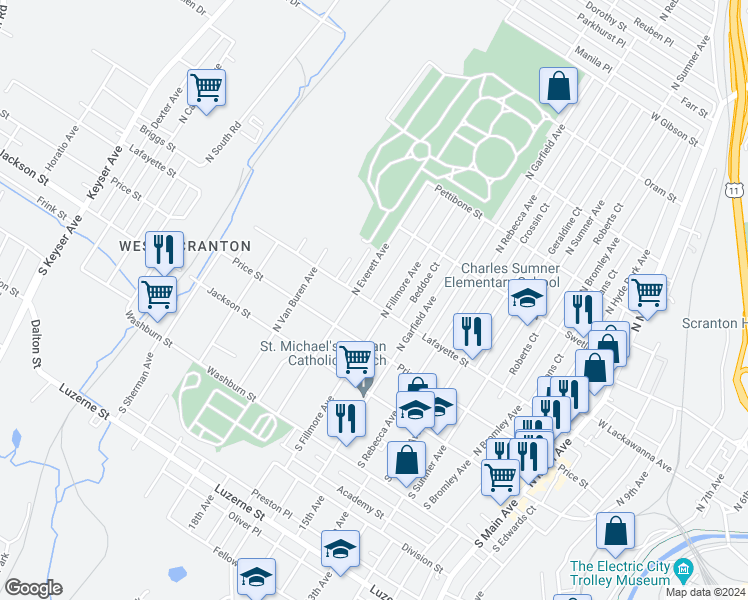 map of restaurants, bars, coffee shops, grocery stores, and more near 1812 Lafayette Street in Scranton