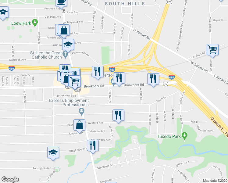 map of restaurants, bars, coffee shops, grocery stores, and more near 5221 West 16th Street in Cleveland