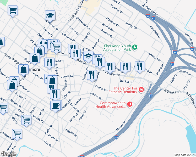 map of restaurants, bars, coffee shops, grocery stores, and more near 131 Smith Street in Dunmore