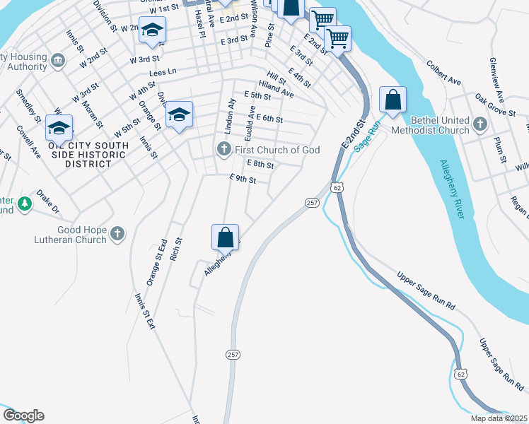 map of restaurants, bars, coffee shops, grocery stores, and more near 4327 Pennsylvania 257 in Oil City