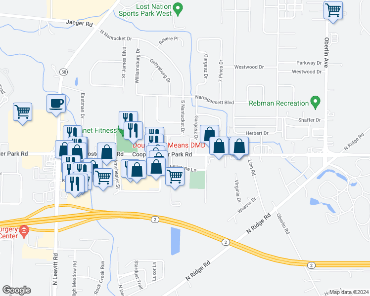 map of restaurants, bars, coffee shops, grocery stores, and more near 1831 Cooper Foster Park Road in Amherst