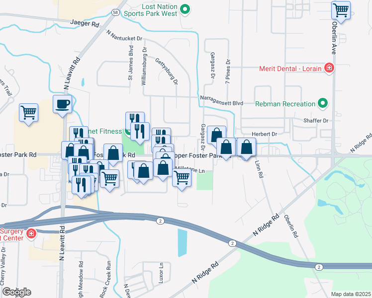 map of restaurants, bars, coffee shops, grocery stores, and more near 1831 Cooper Foster Park Road in Amherst