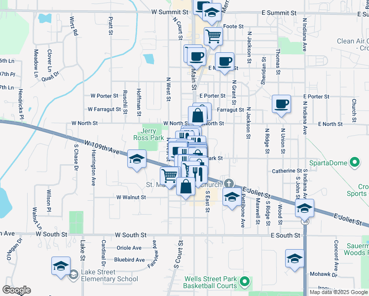 map of restaurants, bars, coffee shops, grocery stores, and more near 101 North Main Street in Crown Point