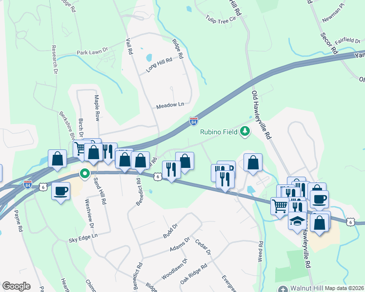 map of restaurants, bars, coffee shops, grocery stores, and more near 15 Hawleyville Road in Bethel