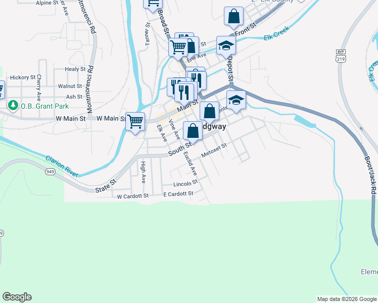map of restaurants, bars, coffee shops, grocery stores, and more near 220 Euclid Avenue in Ridgway