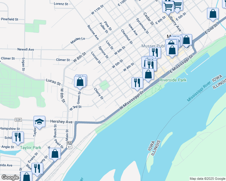 map of restaurants, bars, coffee shops, grocery stores, and more near West 3rd Street in Muscatine