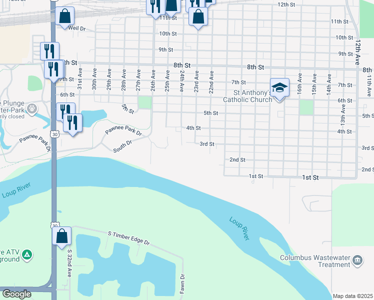 map of restaurants, bars, coffee shops, grocery stores, and more near 200 22nd Avenue in Columbus