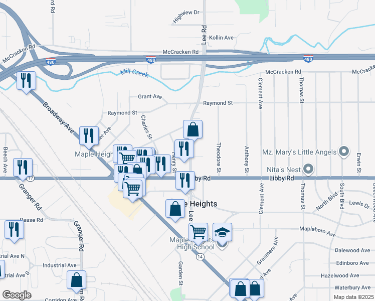 map of restaurants, bars, coffee shops, grocery stores, and more near 5208 Lee Road in Maple Heights