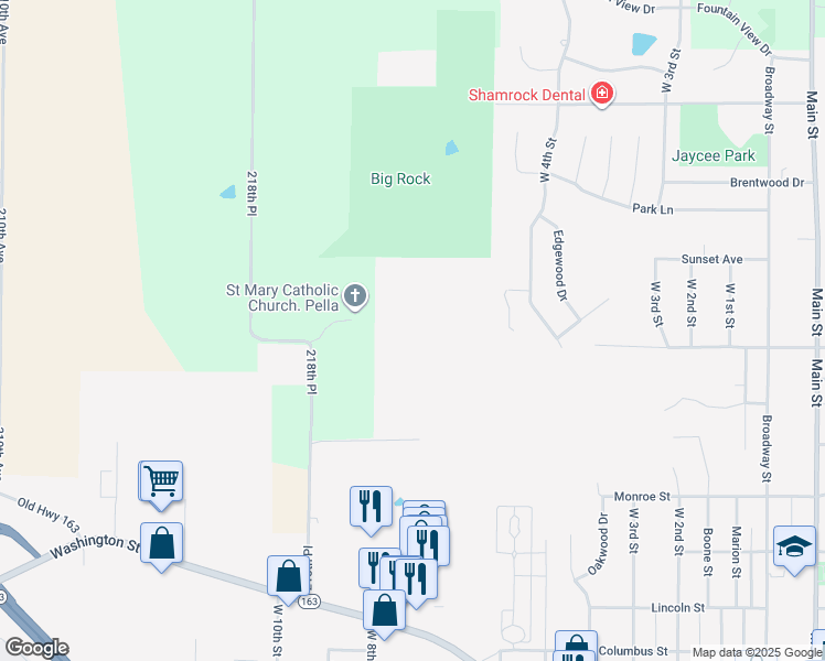 map of restaurants, bars, coffee shops, grocery stores, and more near 726 218th Place in Pella