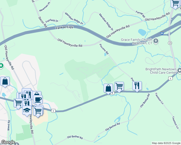 map of restaurants, bars, coffee shops, grocery stores, and more near 87 Woods Lane in Newtown