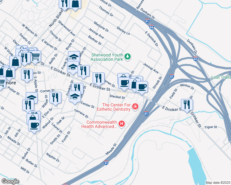 map of restaurants, bars, coffee shops, grocery stores, and more near 725 East Warren Street in Scranton