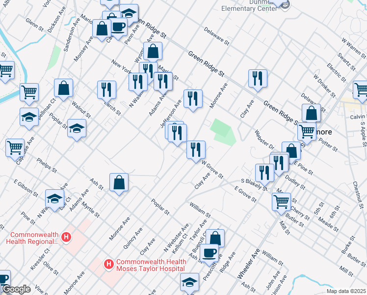 map of restaurants, bars, coffee shops, grocery stores, and more near 1311 Monroe Ave in Dunmore