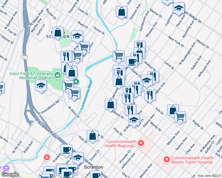 map of restaurants, bars, coffee shops, grocery stores, and more near 918 Sanderson Avenue in Scranton