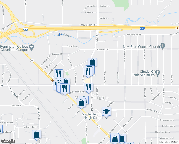 map of restaurants, bars, coffee shops, grocery stores, and more near 5195 Henry Street in Maple Heights