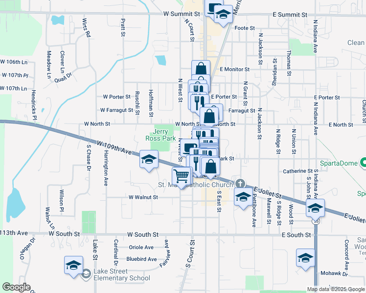 map of restaurants, bars, coffee shops, grocery stores, and more near 143 North Court Street in Crown Point