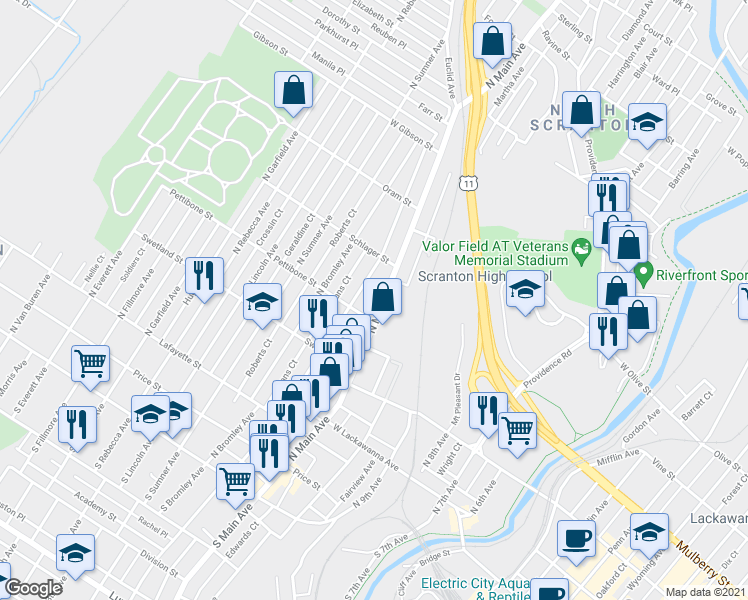 map of restaurants, bars, coffee shops, grocery stores, and more near 621 North Main Avenue in Scranton