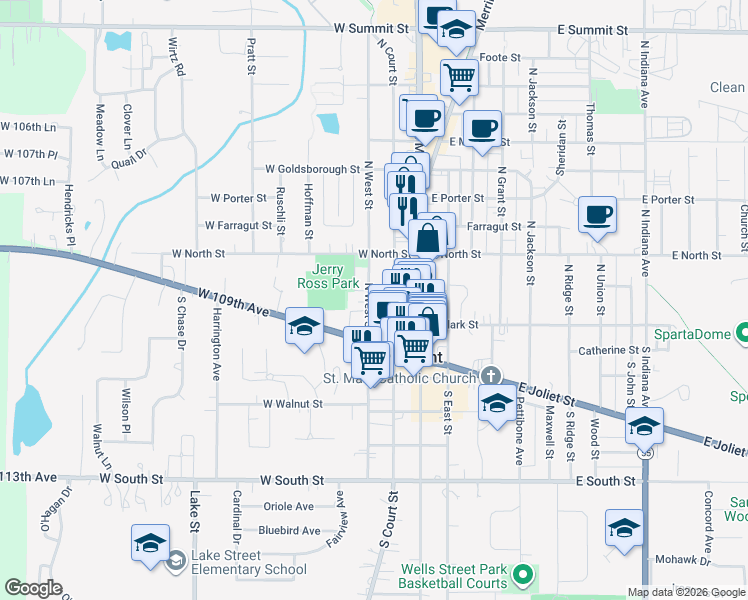 map of restaurants, bars, coffee shops, grocery stores, and more near 140 North West Street in Crown Point