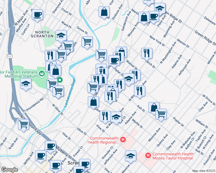 map of restaurants, bars, coffee shops, grocery stores, and more near in Scranton