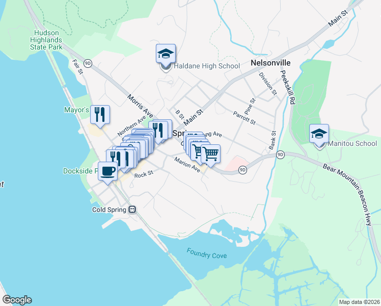 map of restaurants, bars, coffee shops, grocery stores, and more near 6 Paulding Avenue in Cold Spring