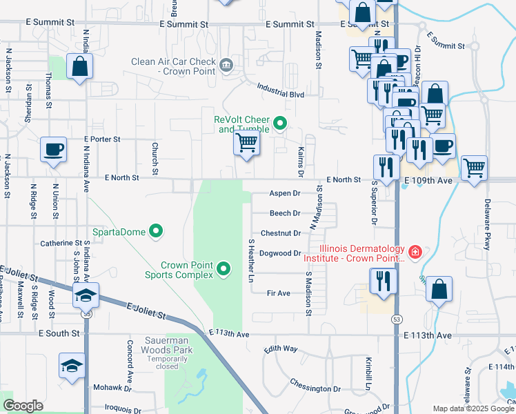 map of restaurants, bars, coffee shops, grocery stores, and more near 1631 Aspen Dr in Crown Point
