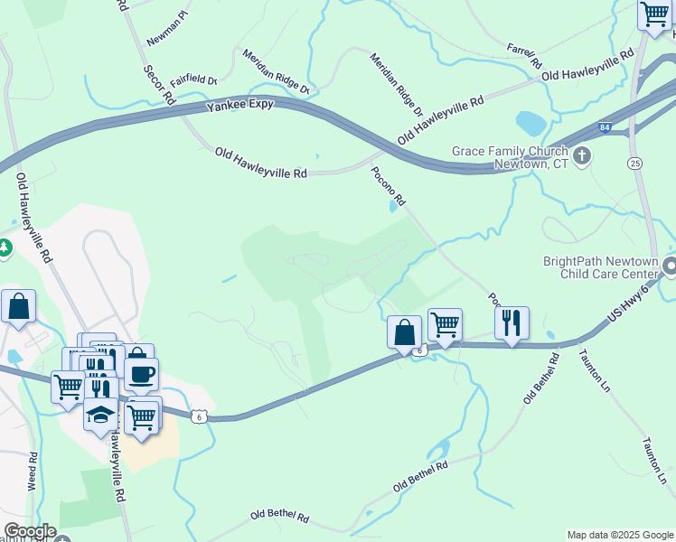 map of restaurants, bars, coffee shops, grocery stores, and more near 87 Woods Lane in Newtown