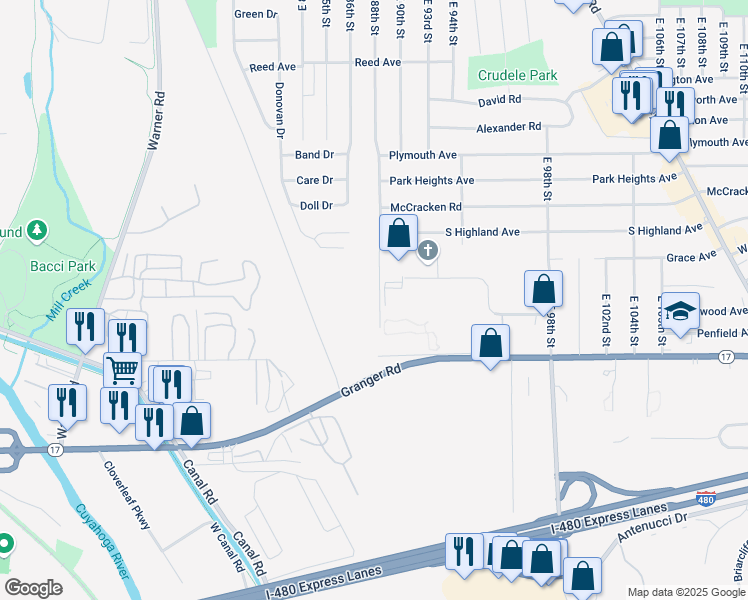 map of restaurants, bars, coffee shops, grocery stores, and more near 5200 East 88th Street in Garfield Heights