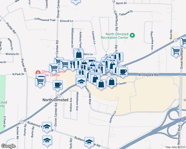map of restaurants, bars, coffee shops, grocery stores, and more near 26661 Brookpark Ext in North Olmsted