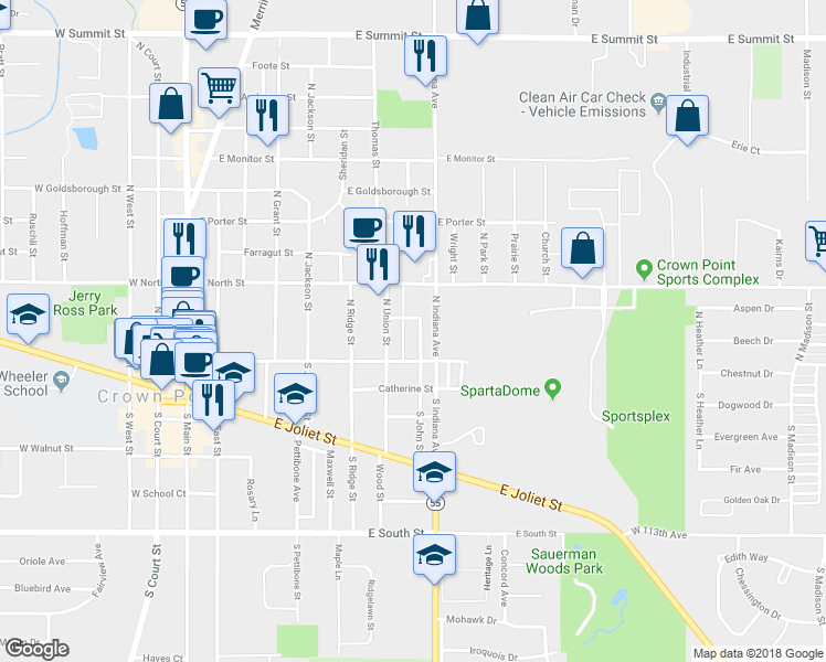 map of restaurants, bars, coffee shops, grocery stores, and more near 115 North John Street in Crown Point