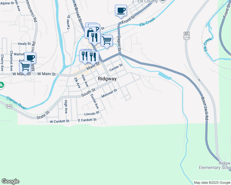 map of restaurants, bars, coffee shops, grocery stores, and more near 301 Metoxet Street in Ridgway