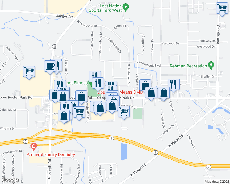 map of restaurants, bars, coffee shops, grocery stores, and more near 5835 Williamsburg Drive in Lorain