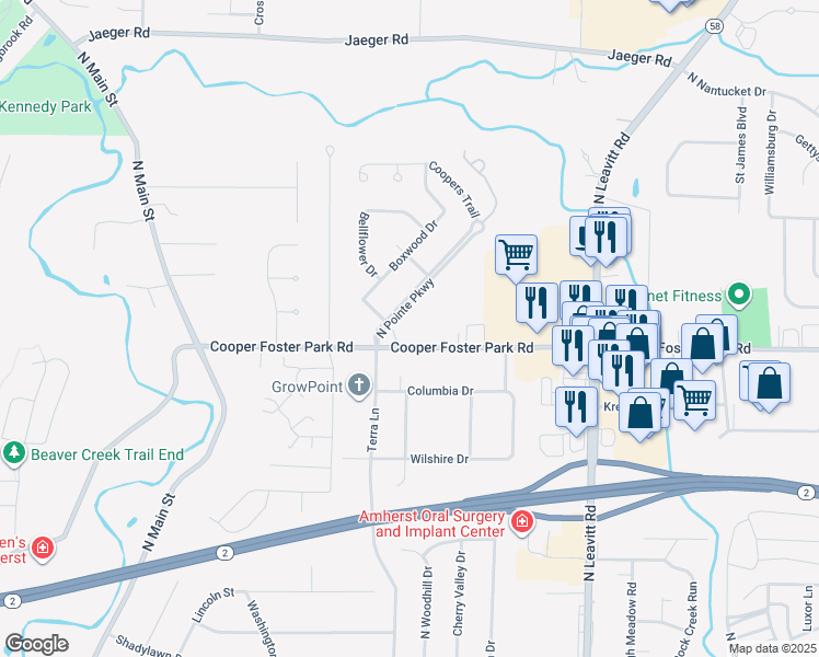 map of restaurants, bars, coffee shops, grocery stores, and more near 3290 Cooper Foster Park Rd in Lorain
