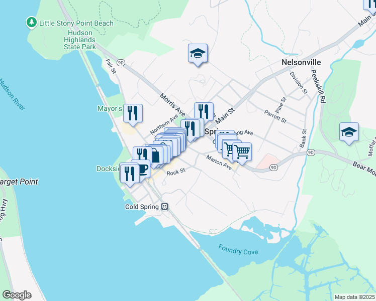 map of restaurants, bars, coffee shops, grocery stores, and more near 168 Main Street in Cold Spring