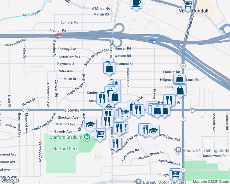 map of restaurants, bars, coffee shops, grocery stores, and more near 5181 Warrensville Center Road in Maple Heights