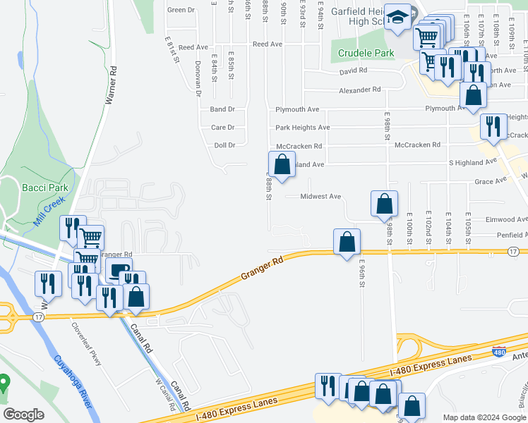 map of restaurants, bars, coffee shops, grocery stores, and more near 5200 East 88th Street in Garfield Heights