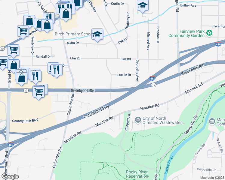map of restaurants, bars, coffee shops, grocery stores, and more near 4823 Grace Road in North Olmsted