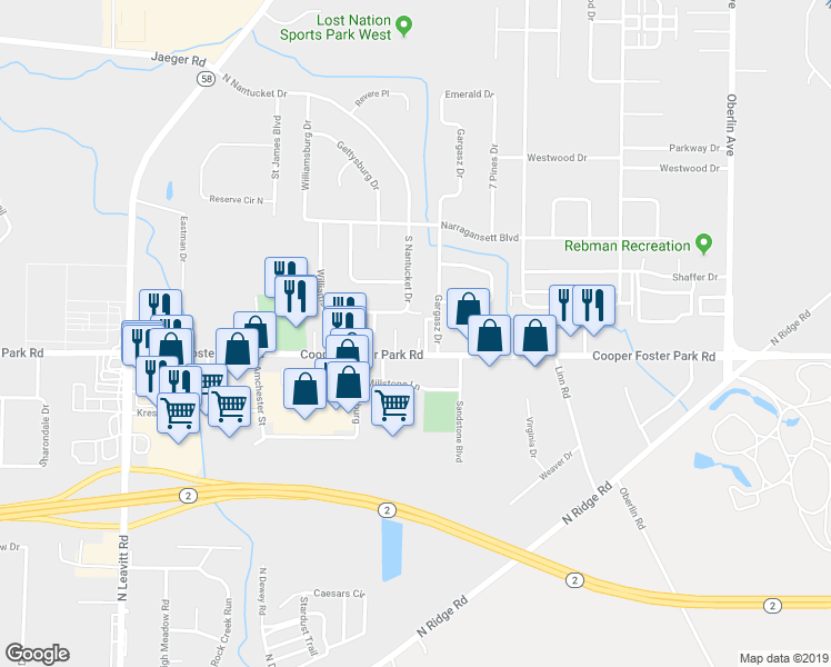 map of restaurants, bars, coffee shops, grocery stores, and more near 1814 South Nantucket Drive in Lorain